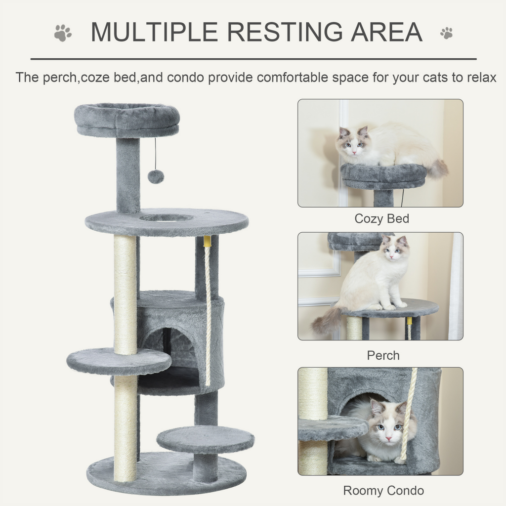 Dark grey Pawhut cat tree tower with hanging ball toy and teasing rope for feline play and relaxation.