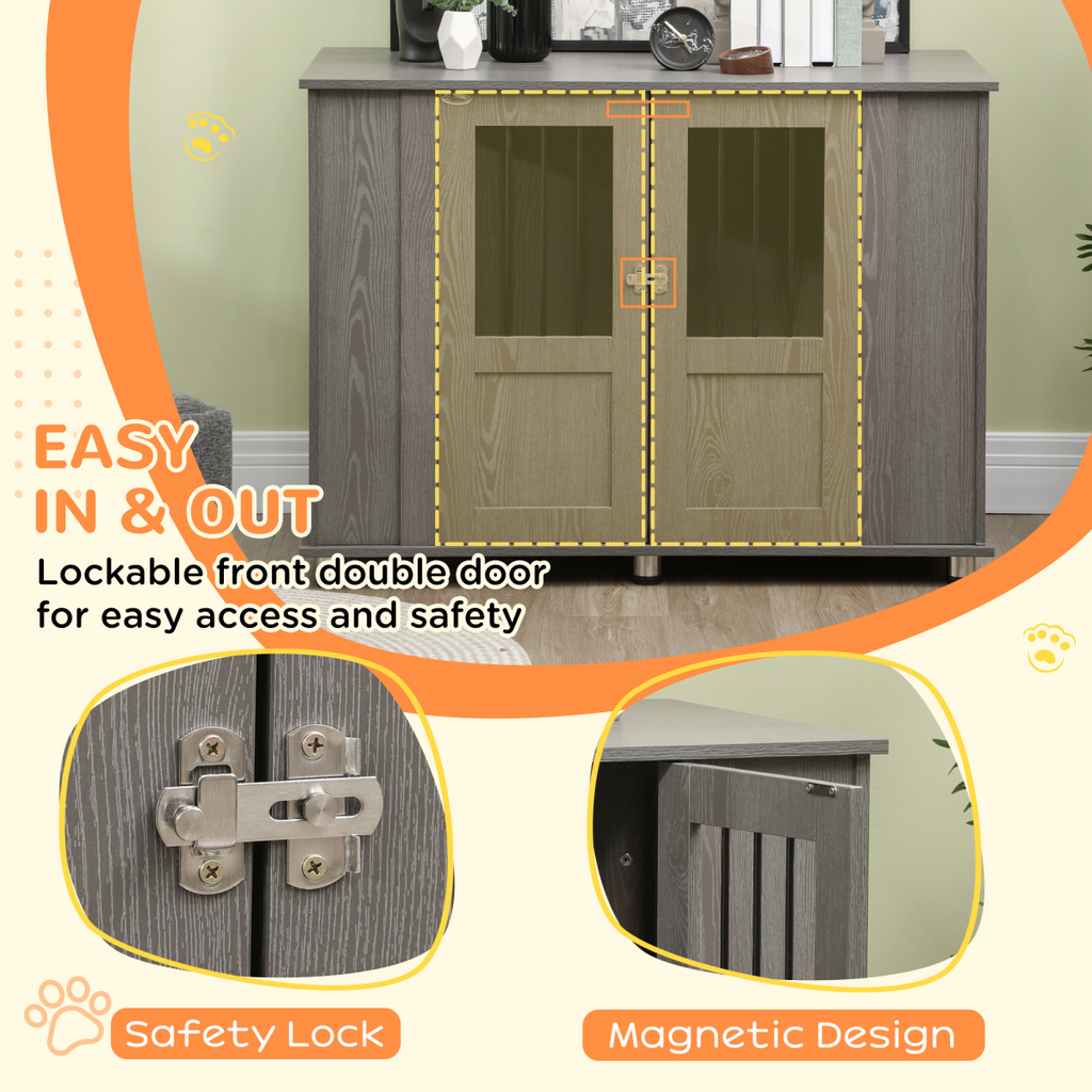 Grey PawHut dog crate end table, extra large kennel cage, blending functionality and style for pet owners.