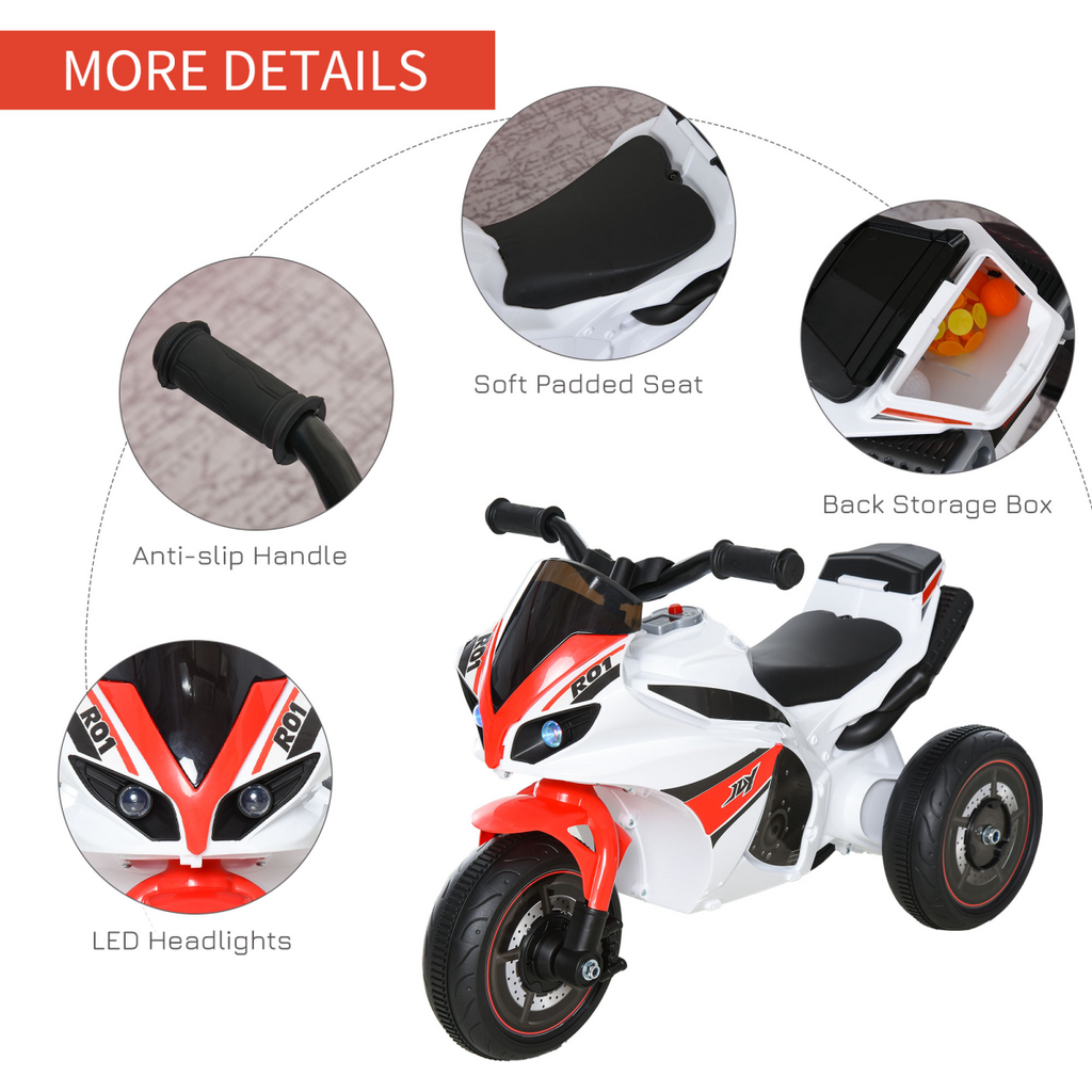 Kids ride-on police bike with three wheels, music, and lights, designed for ages 18-36 months by FunZone.