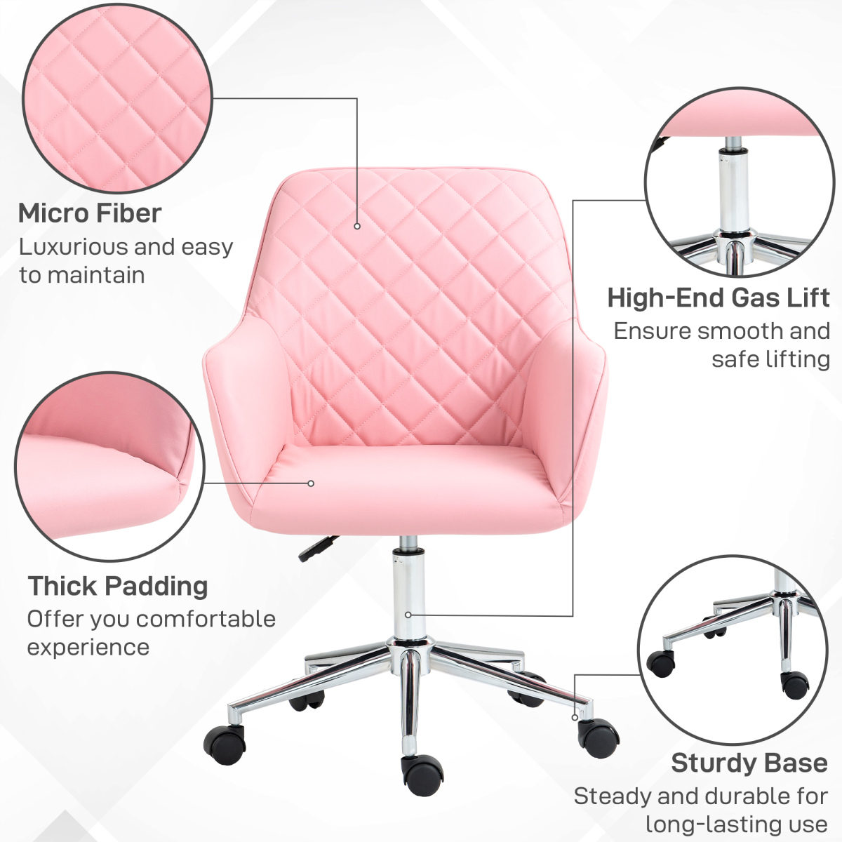 Vinsetto pink leather-feel swivel chair with armrests in a home office setting, showcasing modern design and comfort.