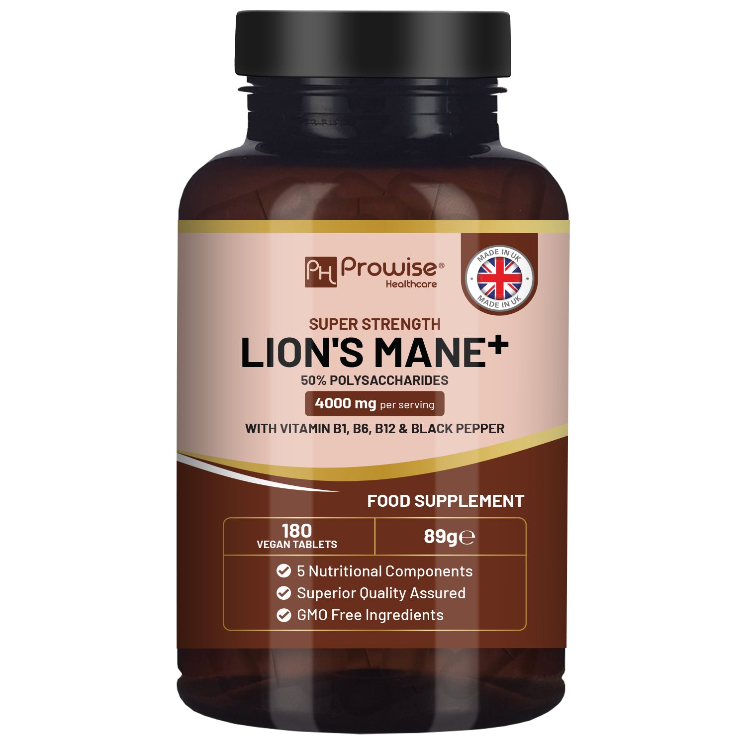 Lions Mane Mushroom Supplement 4000mg by Prowise Healthcare with vitamins B1, B6, B12, and black pepper capsules.