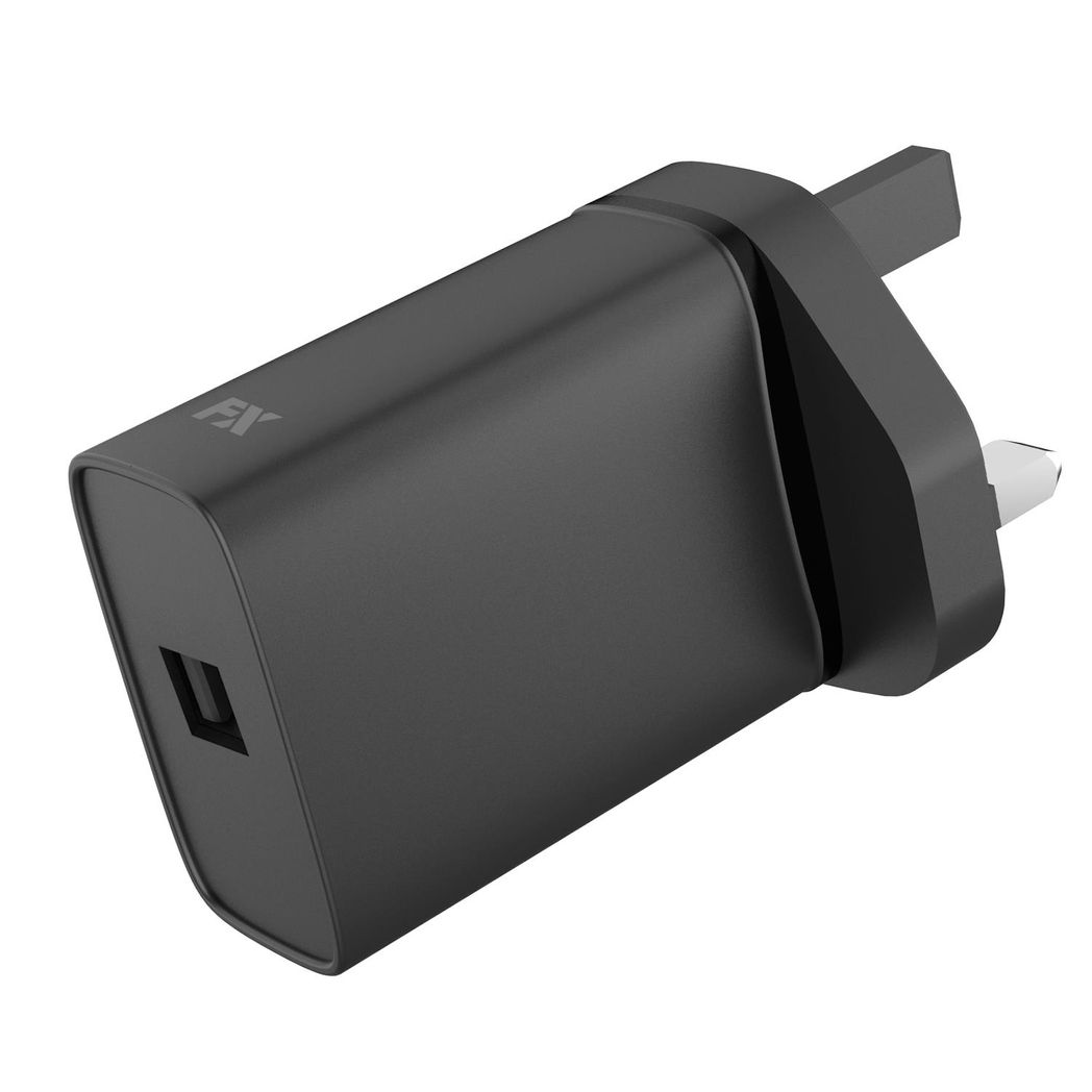 Black FX TechHub USB mains charger 1A, compatible with all USB devices, showcasing the sleek design and ports.