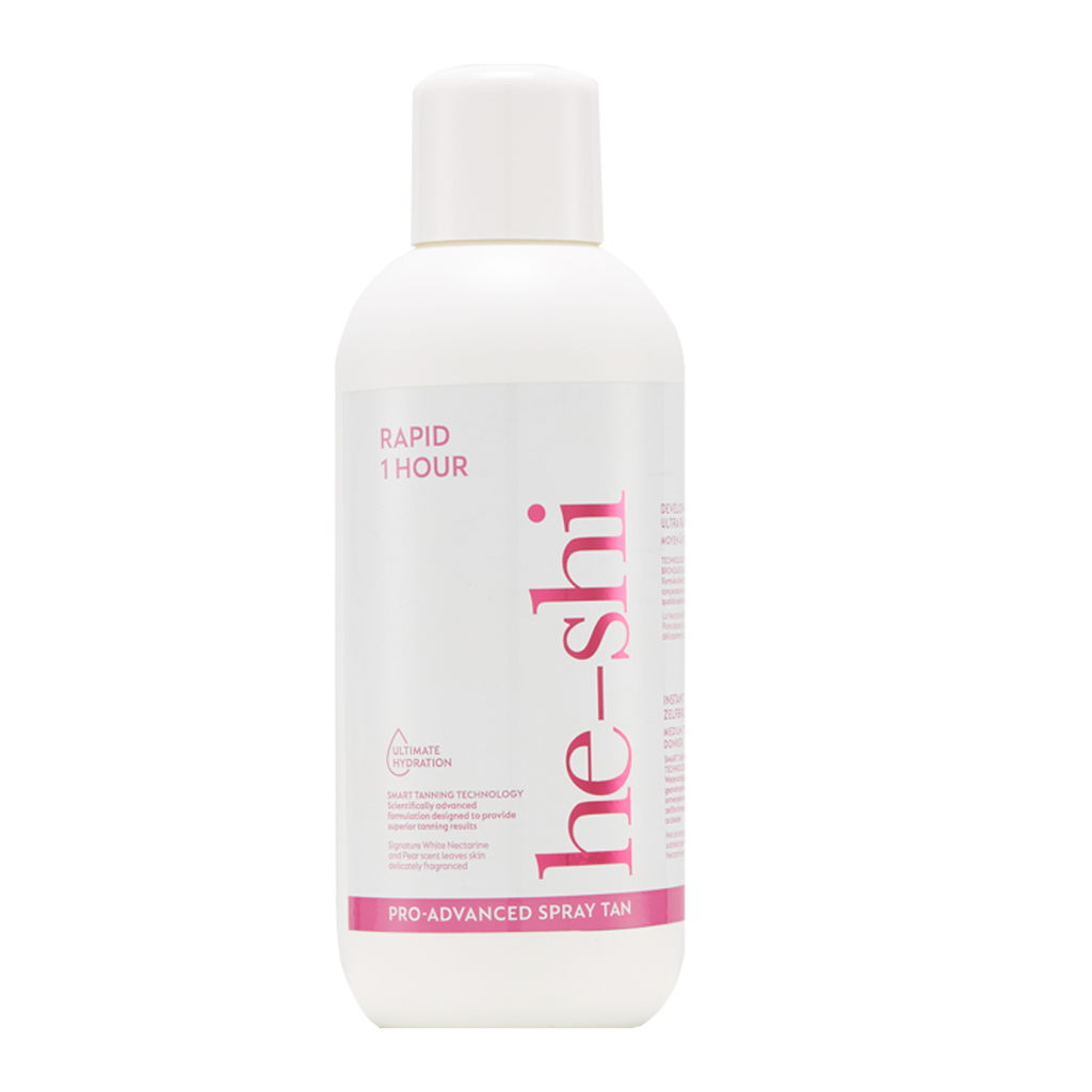 He-Shi Rapid 1 Hour Spray Tan 1L bottle with medium to dark tan shade, featuring GlowCare technology and no smell.