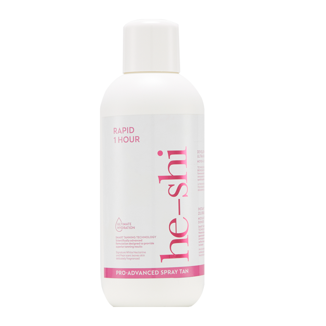 He-Shi Rapid 1 Hour Spray Tan 1L bottle with medium to dark tan shade, featuring GlowCare technology and no smell.