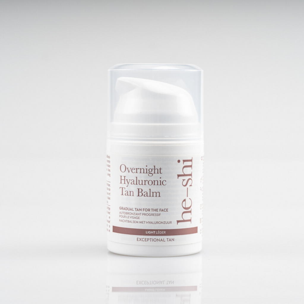 He-Shi Overnight Hyaluronic Self Tan Balm in a 50ml jar, featuring a relaxing facial night tan texture.