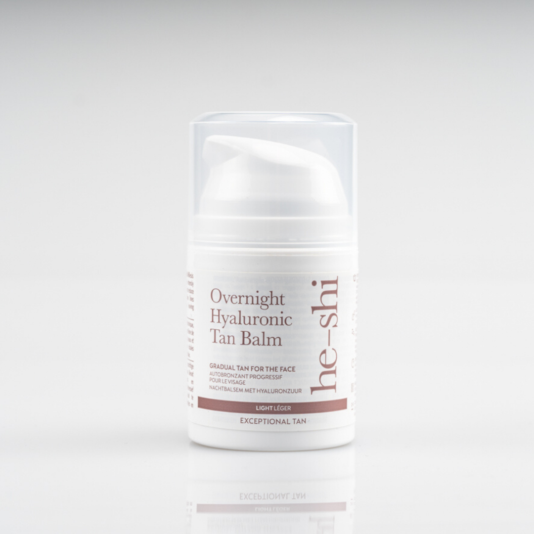 He-Shi Overnight Hyaluronic Self Tan Balm in a 50ml jar, featuring a relaxing facial night tan texture.