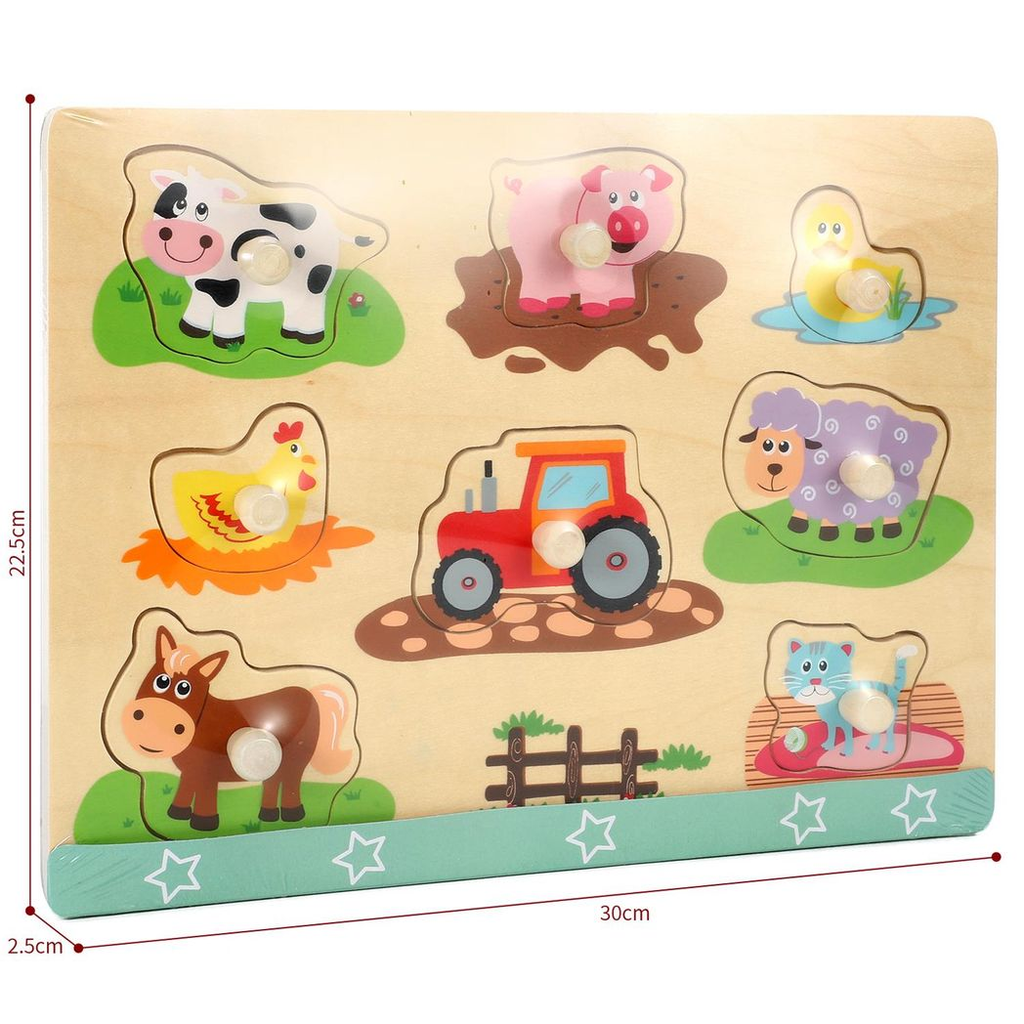 Colorful SOKA Farm Peg Puzzle featuring farm animals and shapes for engaging playtime and learning experiences.