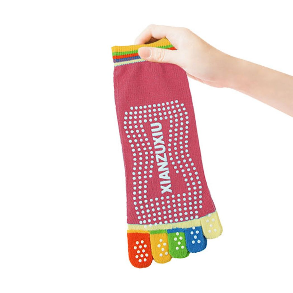 Pink non-slip Pilates yoga socks with full toe design and grips, made of cotton by ActiveGear, displayed on a neutral background.