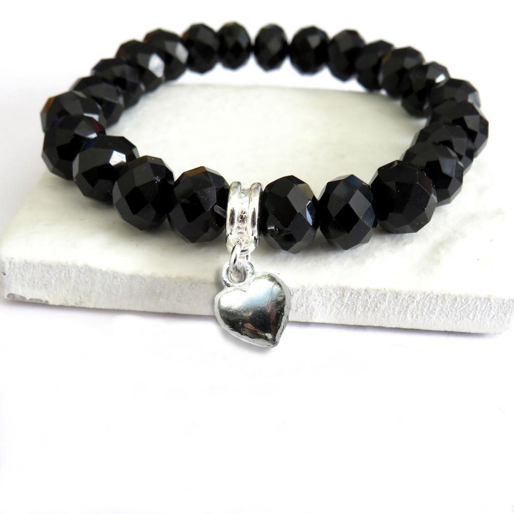 Black Beaded Charm Bracelet - Crystal Stretch - Personalized - Handmade Scotland
