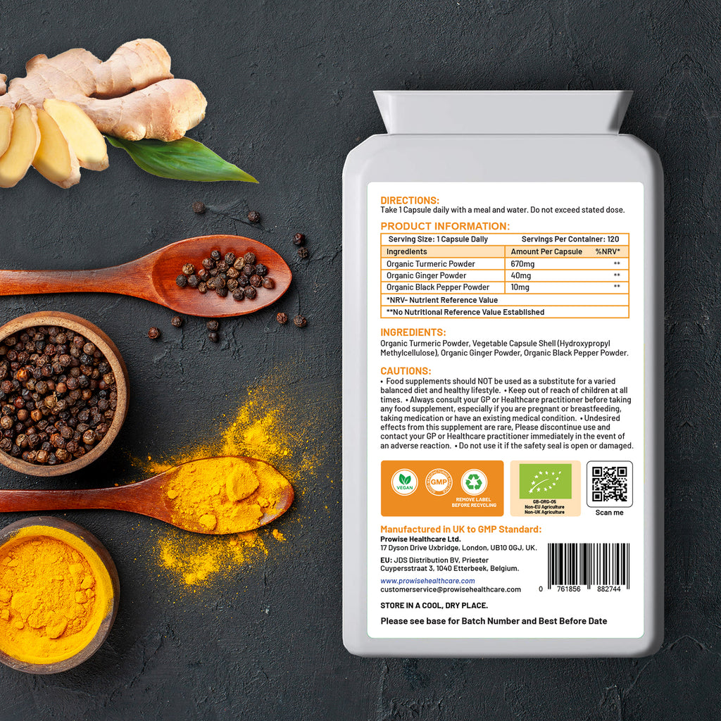 Organic Turmeric Curcumin 720mg capsules with black pepper, vegan-friendly, by Prowise Healthcare.