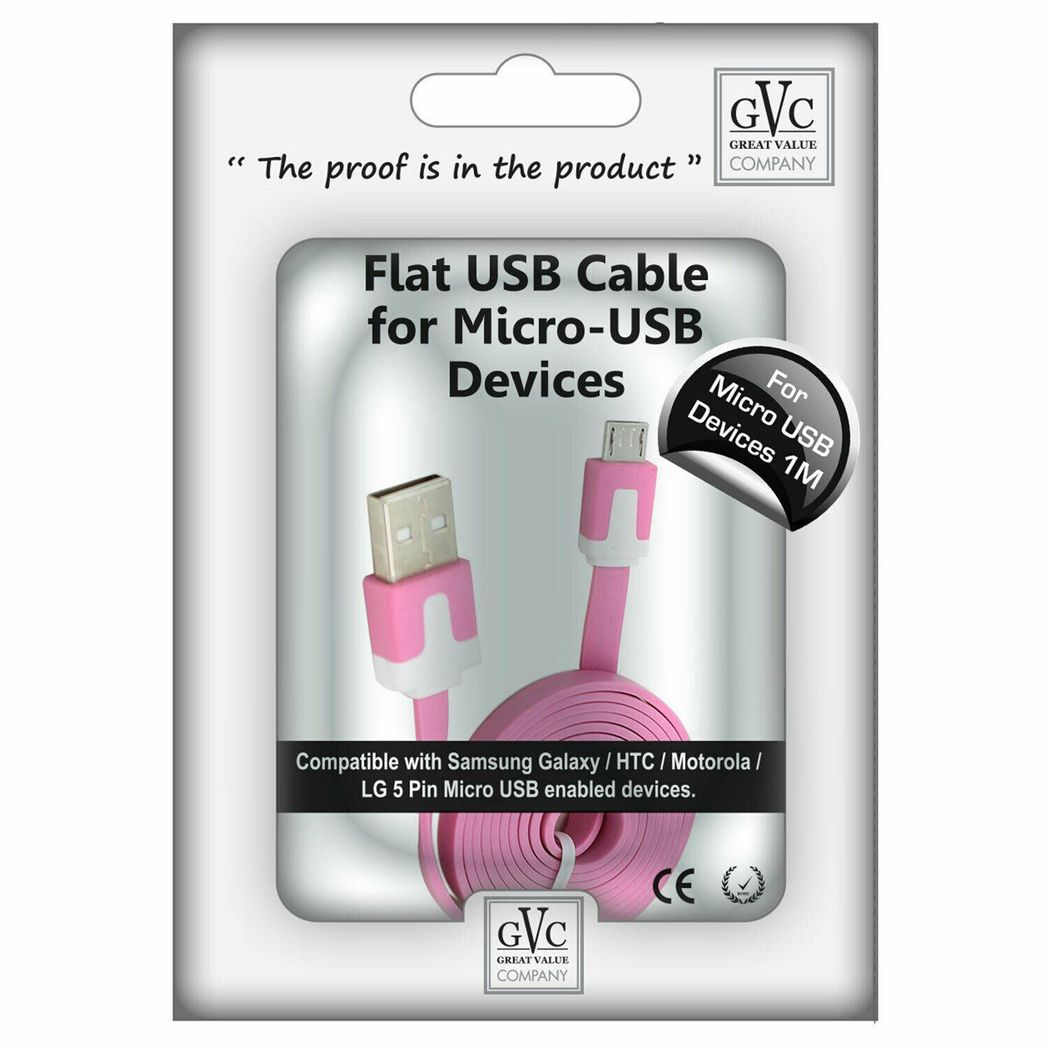 Hot pink 1 metre flat Micro USB cable by GVC for tangle-free syncing and charging.