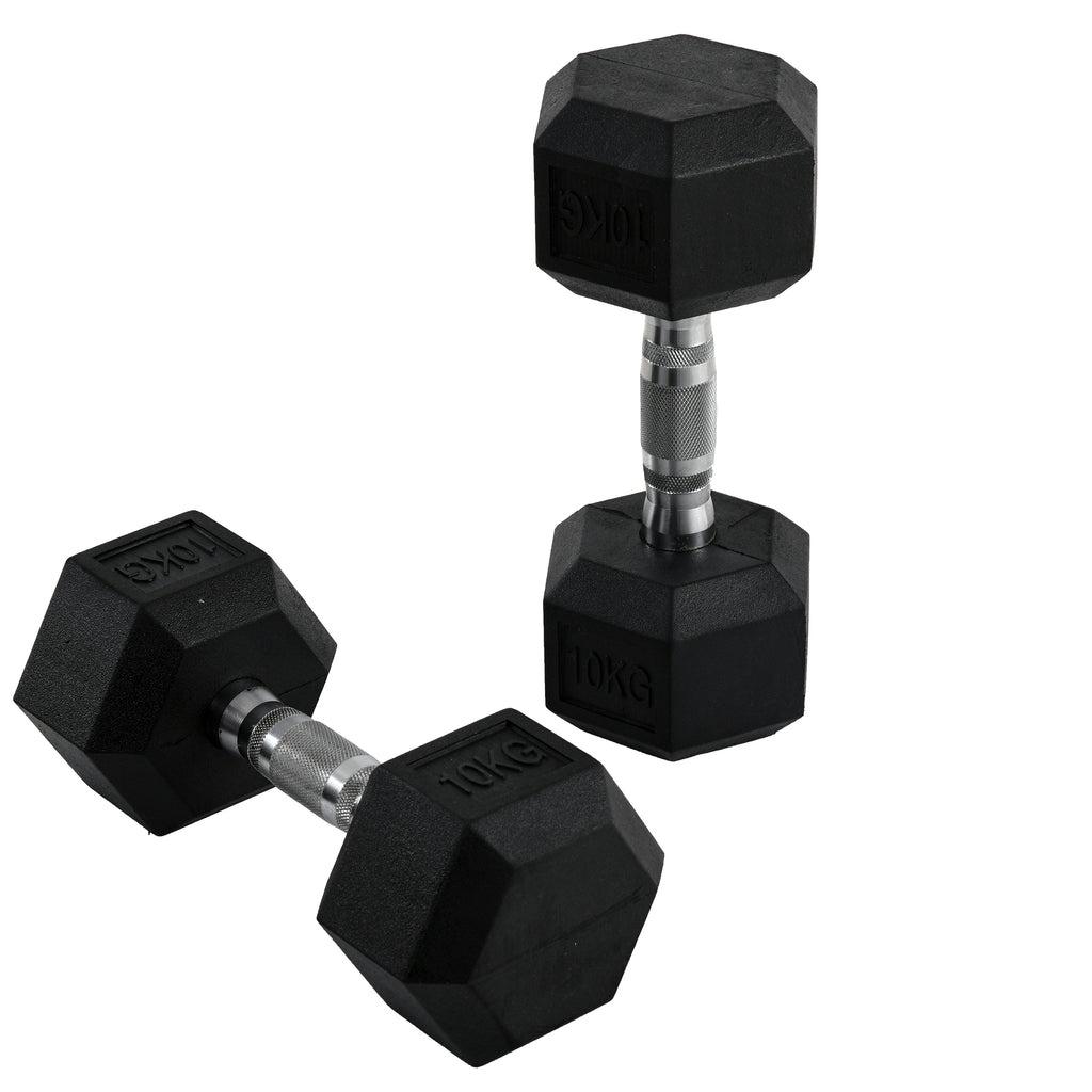 Hexagonal 10kg dumbbells for weight lifting, perfect for home fitness workouts by ActiveGear.
