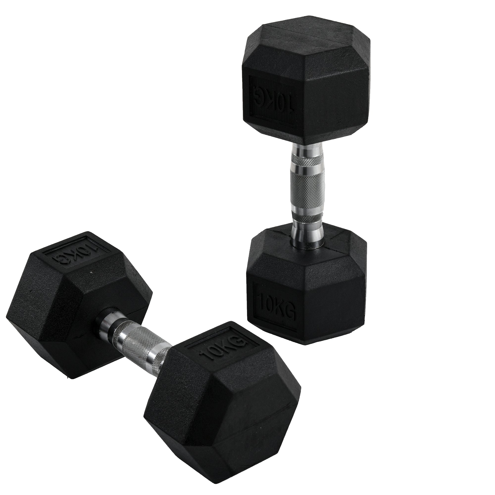 Hexagonal 10kg dumbbells for weight lifting, perfect for home fitness workouts by ActiveGear.