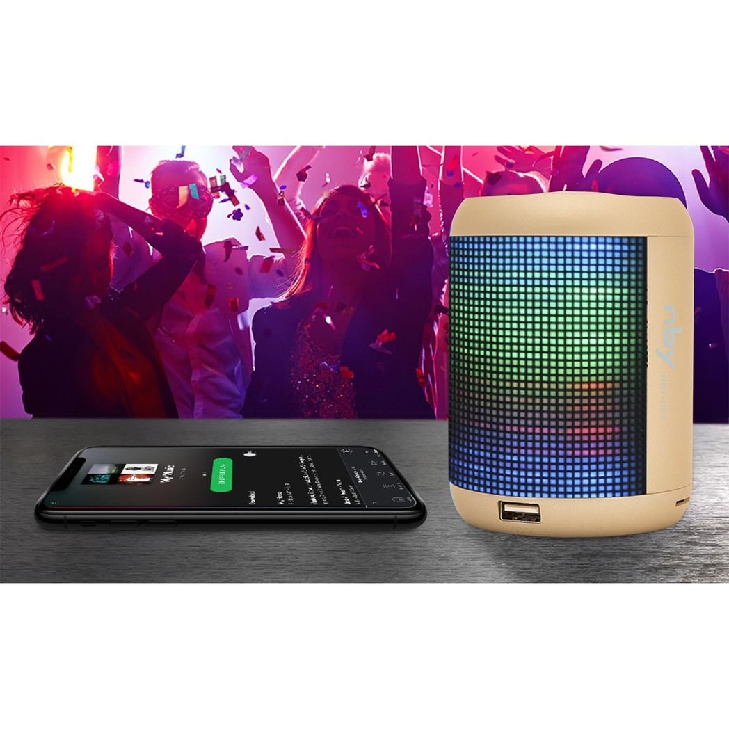 Gold Sound Activated LED Light Bluetooth Speaker with Dancing Fountain by NBY, featuring vibrant lights and water display.