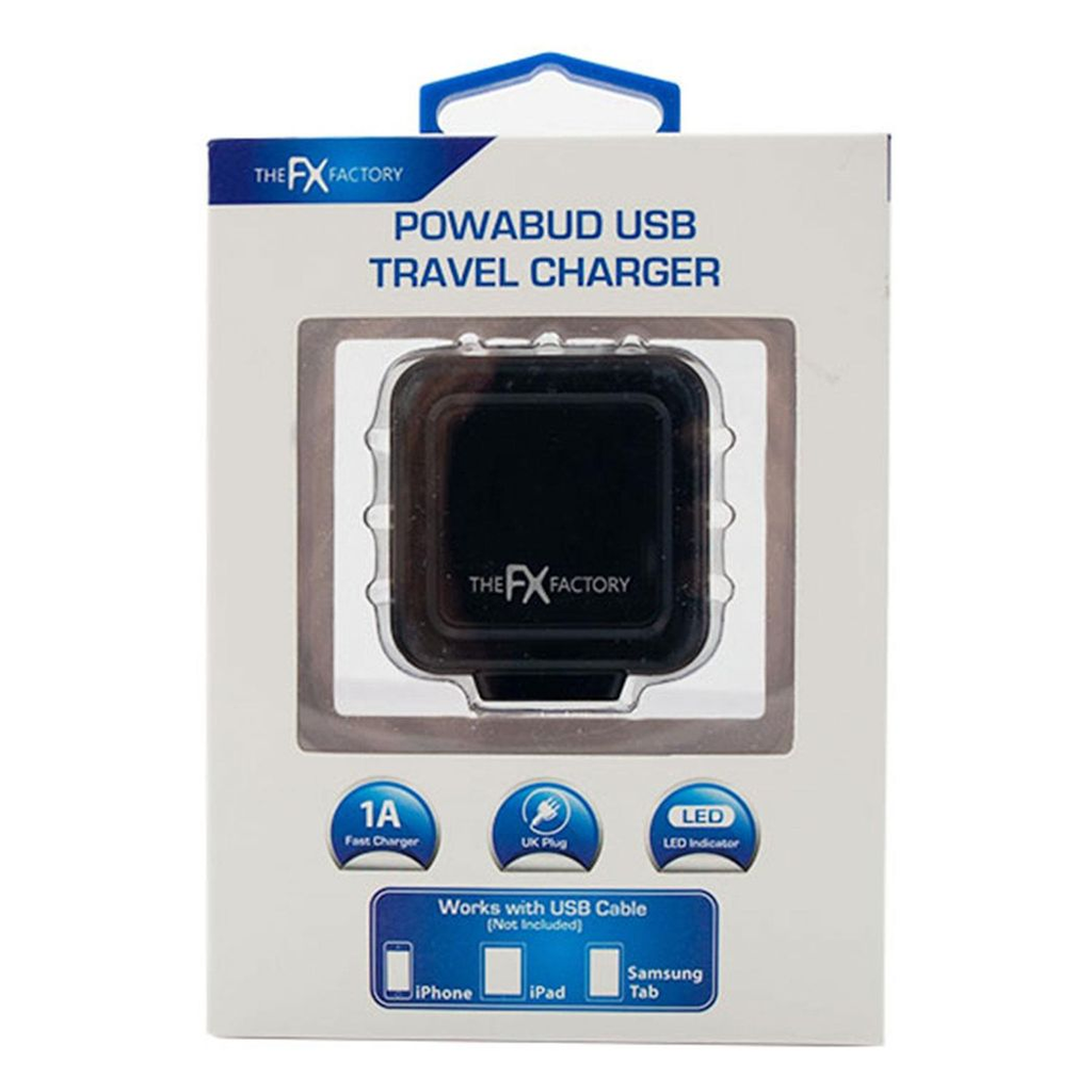 Black USB mains charger 1A for USB and Micro USB devices by FX Factory, featuring a compact design.