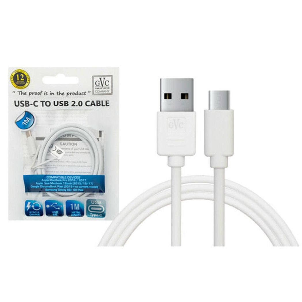 GVC USB to Type C cable, 1m long, for charging and syncing mobile phones and tablets, with visible connectors and cable.