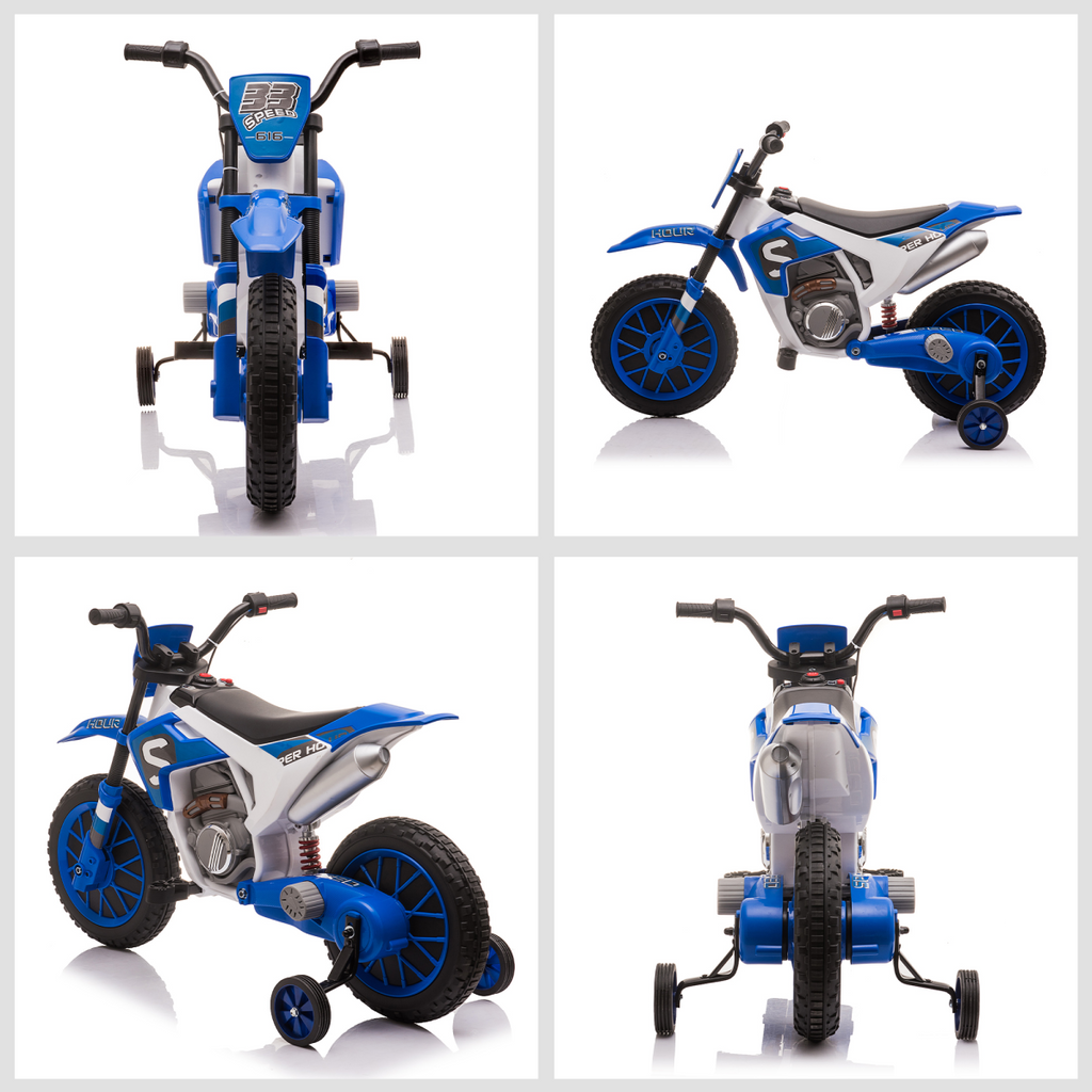 Blue 12V electric motorbike for kids with training wheels by HOMCOM, showcasing the sleek design and safety features.