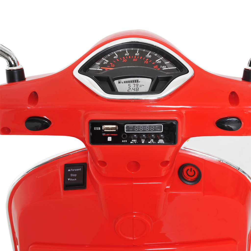 Kids ride-on HOMCOM Vespa motorcycle with LED lights, music features, and vibrant design for boys and girls.