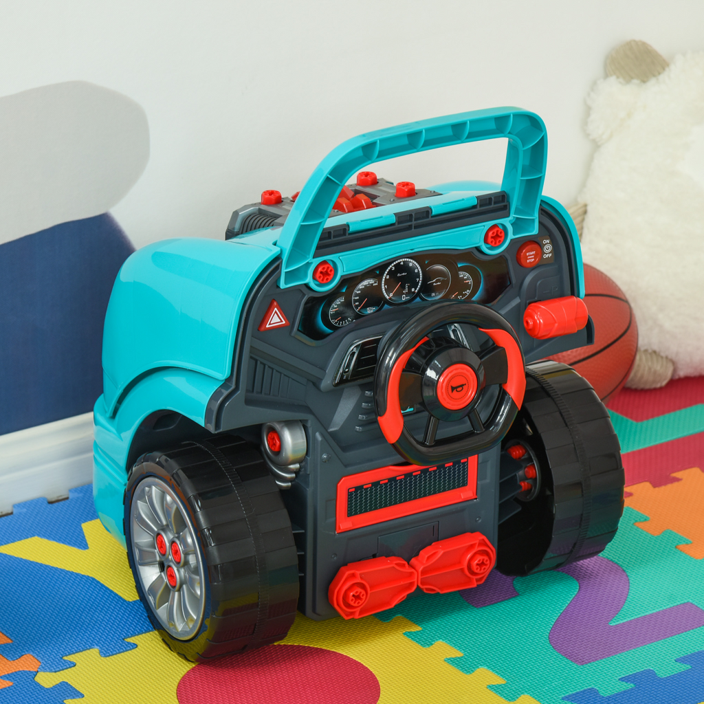 Teal green HOMCOM Kids Truck Engine Toy Set with horn, light, and car key for ages 3-5 years on a white background.