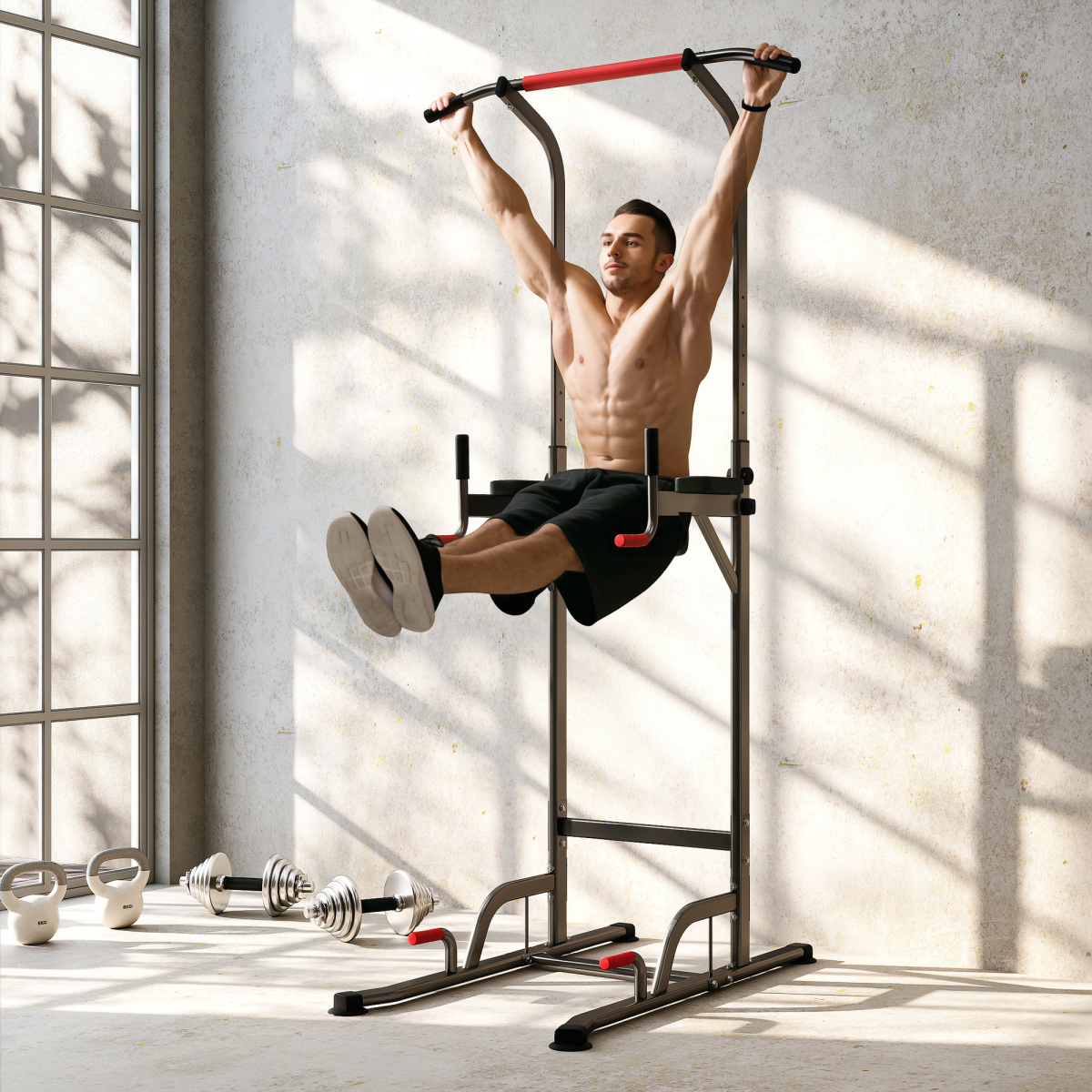 Power Tower Station Pull Up Bar for home gym, featuring sturdy construction and multiple grip options for workouts.