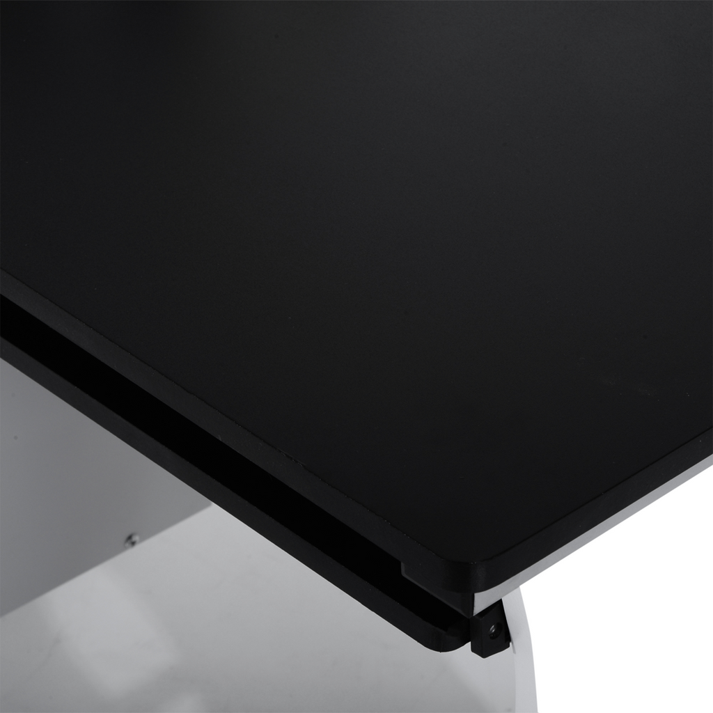 Black wooden workstation computer desk with keyboard shelf and drawers, perfect for home office use.