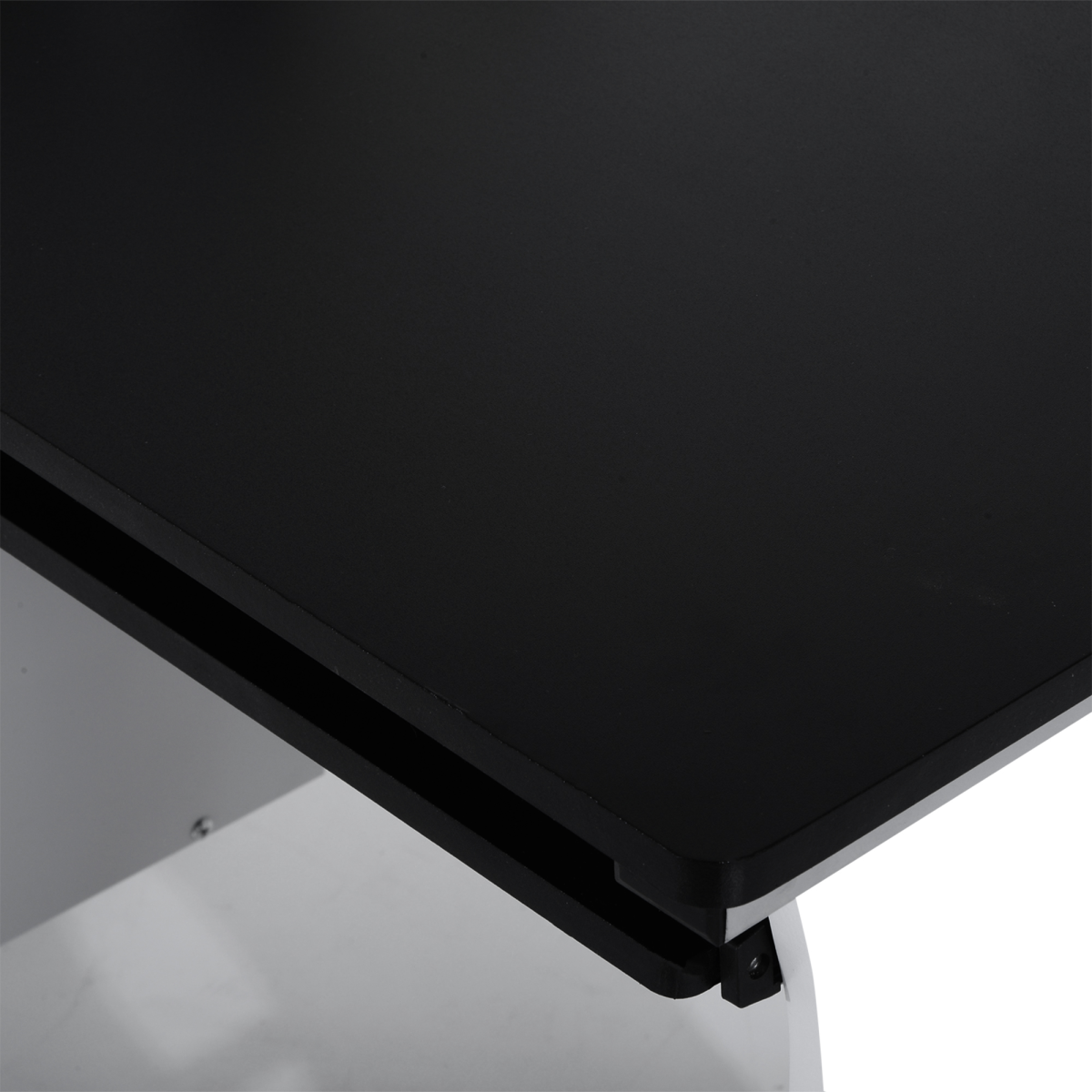 Black wooden workstation computer desk with keyboard shelf and drawers, perfect for home office use.
