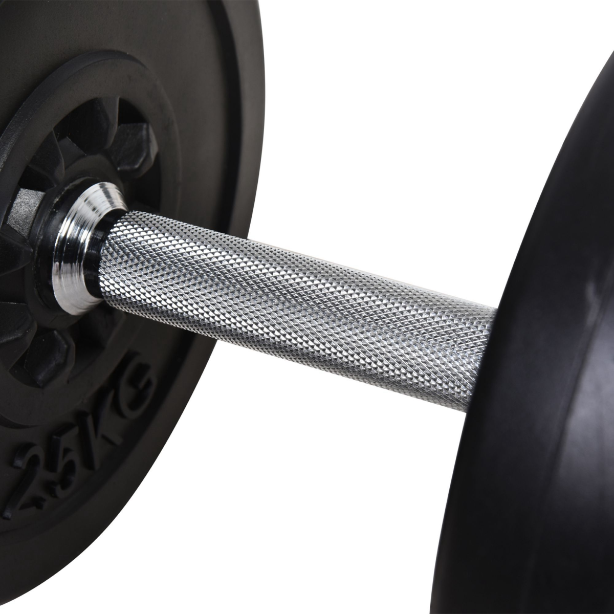Adjustable 65kg dumbbells and barbell set by HOMCOM for home gym workouts, showcasing weights and equipment in use.