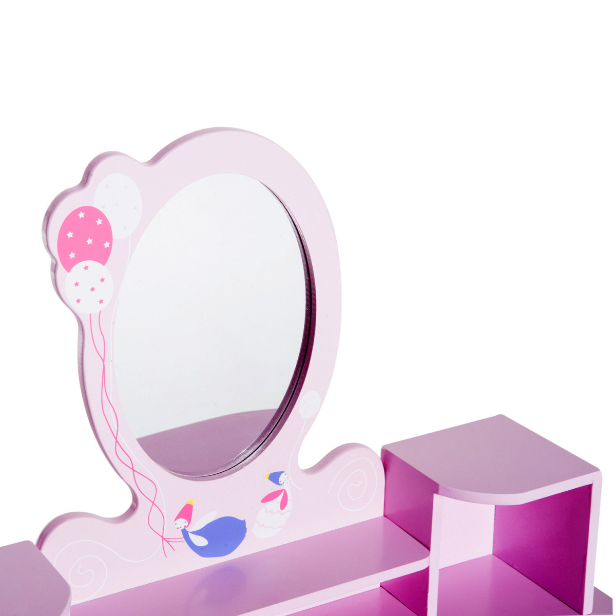 Kids dressing table and stool set in pink with cartoon patterns, featuring a mirror and storage compartments.