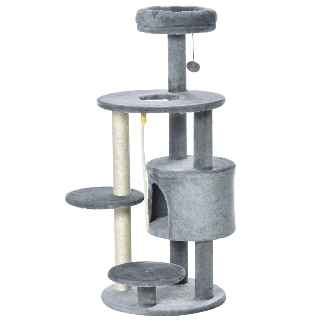 Dark grey Pawhut cat tree tower activity center with hanging ball toy and teasing rope for playful cats.