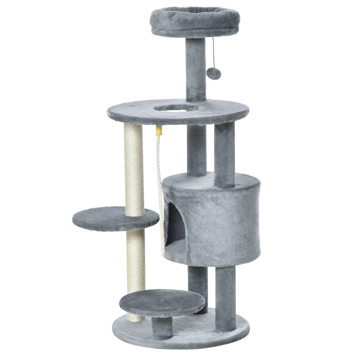 Dark grey Pawhut cat tree tower activity center with hanging ball toy and teasing rope for playful cats.
