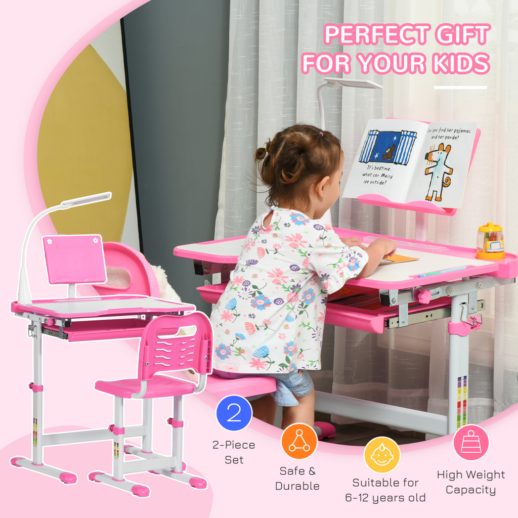 HOMCOM kids study desk and chair set in pink, featuring adjustable height and a storage drawer.