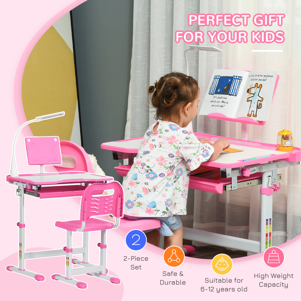 HOMCOM kids study desk and chair set in pink, featuring adjustable height and a storage drawer.