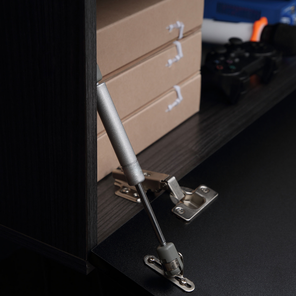 Floating TV unit stand with storage cupboards, wall-mounted design in a sleek style by HomeCraft.