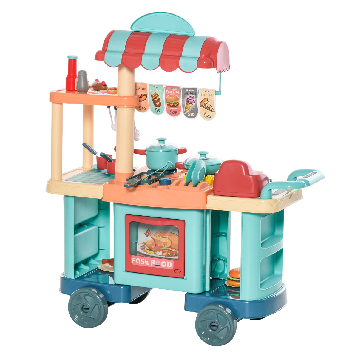 Colorful HOMCOM kids kitchen playset with trolley cart and various pretend food toys for ages 3-6.