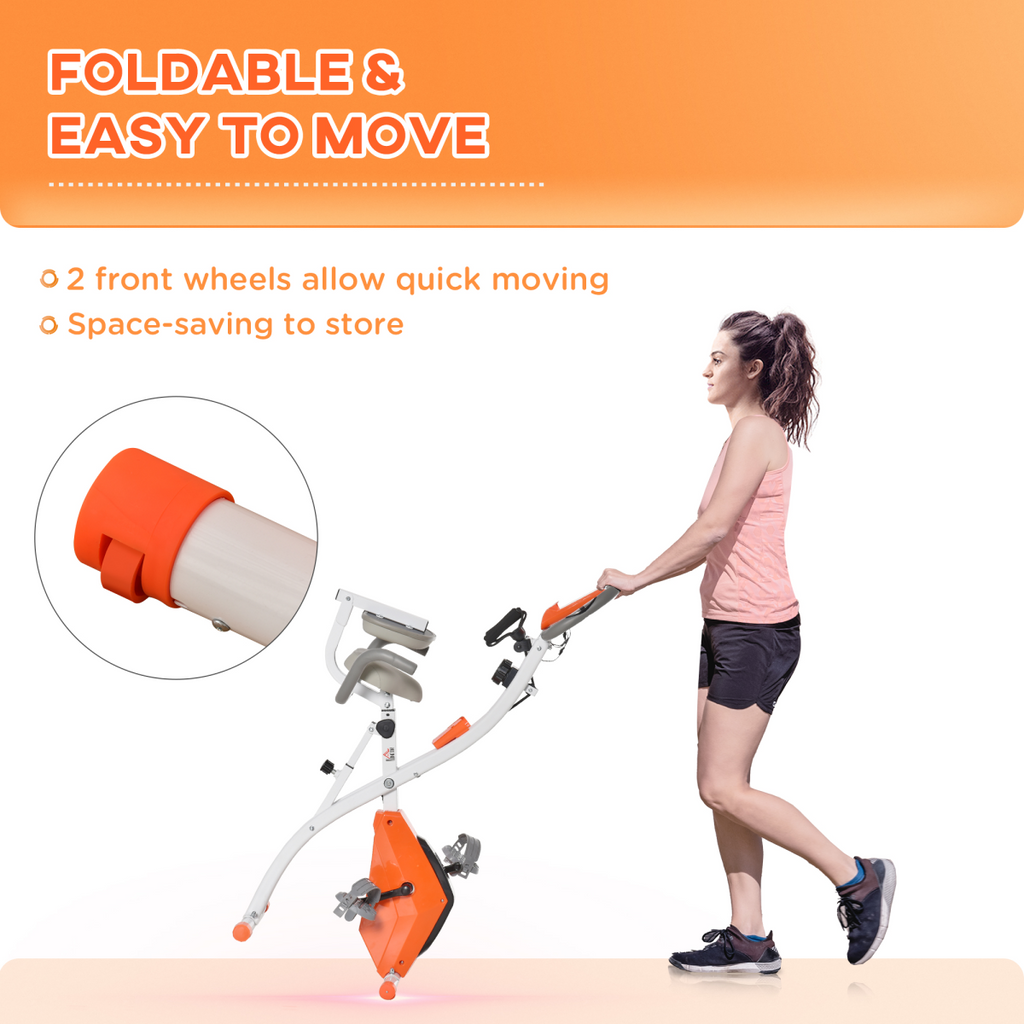 HOMCOM 2-in-1 upright exercise bike in orange with 8-level adjustable resistance and built-in pulse sensor.