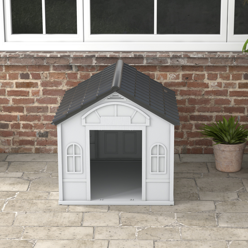 PawHut Weather-Resistant Dog House, Puppy Shelter for Large Dogs - Grey