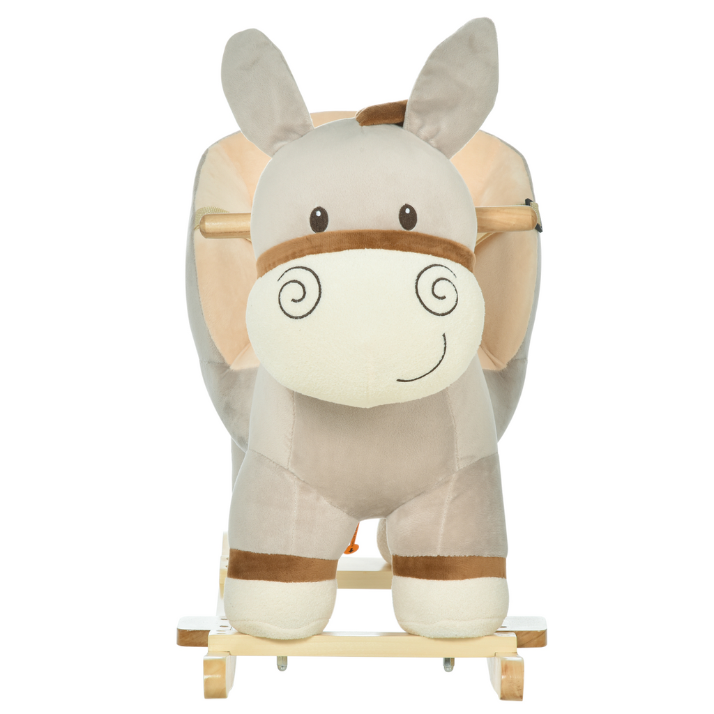 Kids rocking donkey plush ride-on toy with sound button and seat belt for ages 18-36 months, featuring soft fur and sturdy design.