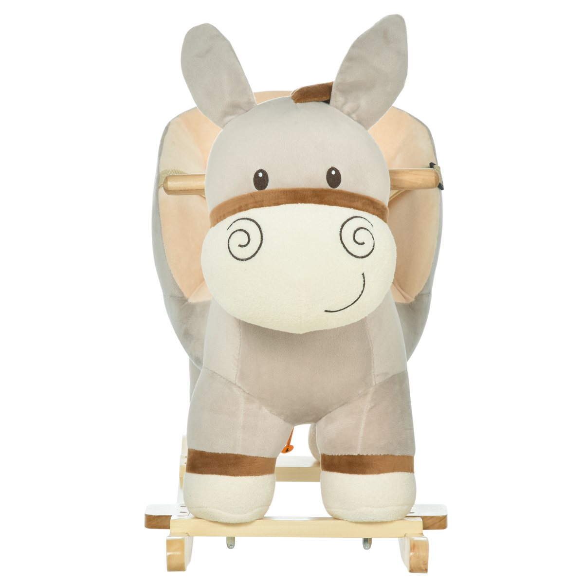 Kids rocking donkey plush ride-on toy with sound button and seat belt for ages 18-36 months, featuring soft fur and sturdy design.