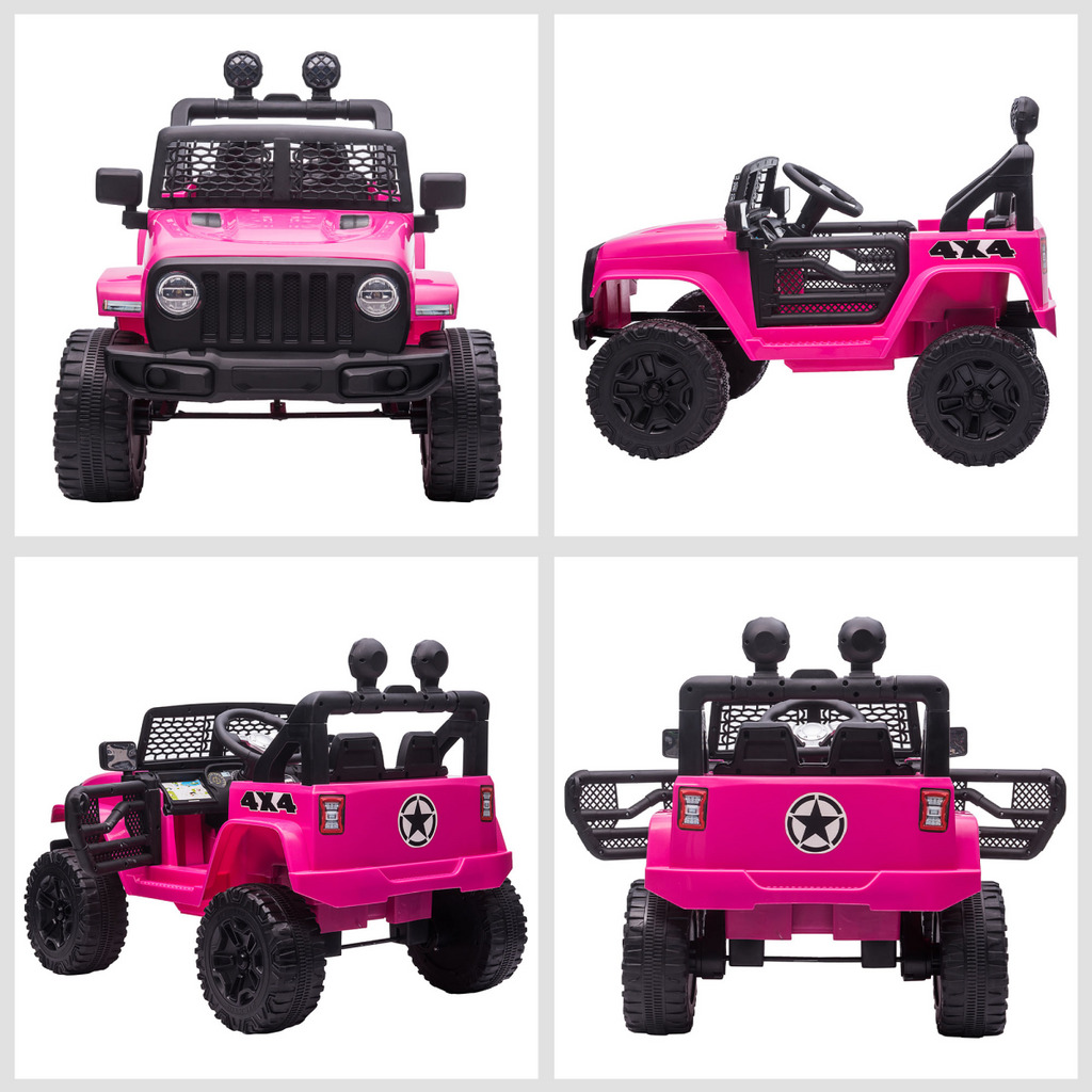 Pink 12V electric ride-on truck for kids, remote control off-road SUV designed for ages 3-6. FunZone brand.