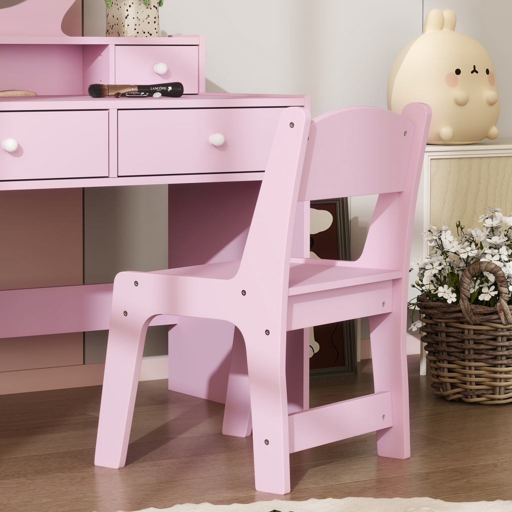 AIYAPLAY pink kids dressing table set featuring a mirror, stool, and drawers for imaginative play.