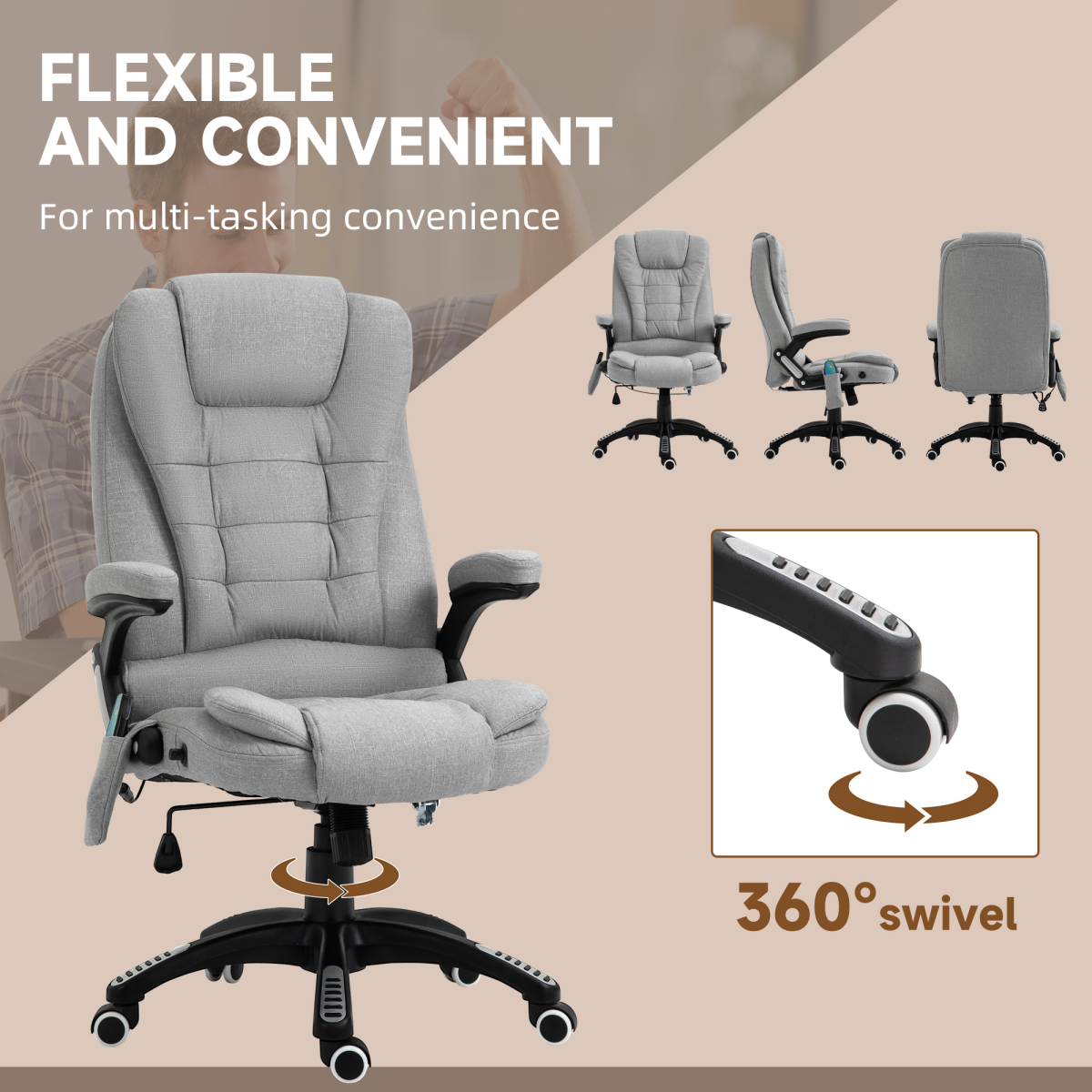 Executive reclining chair with heating massage points and relaxing headrest in grey upholstery. HomeCraft design.