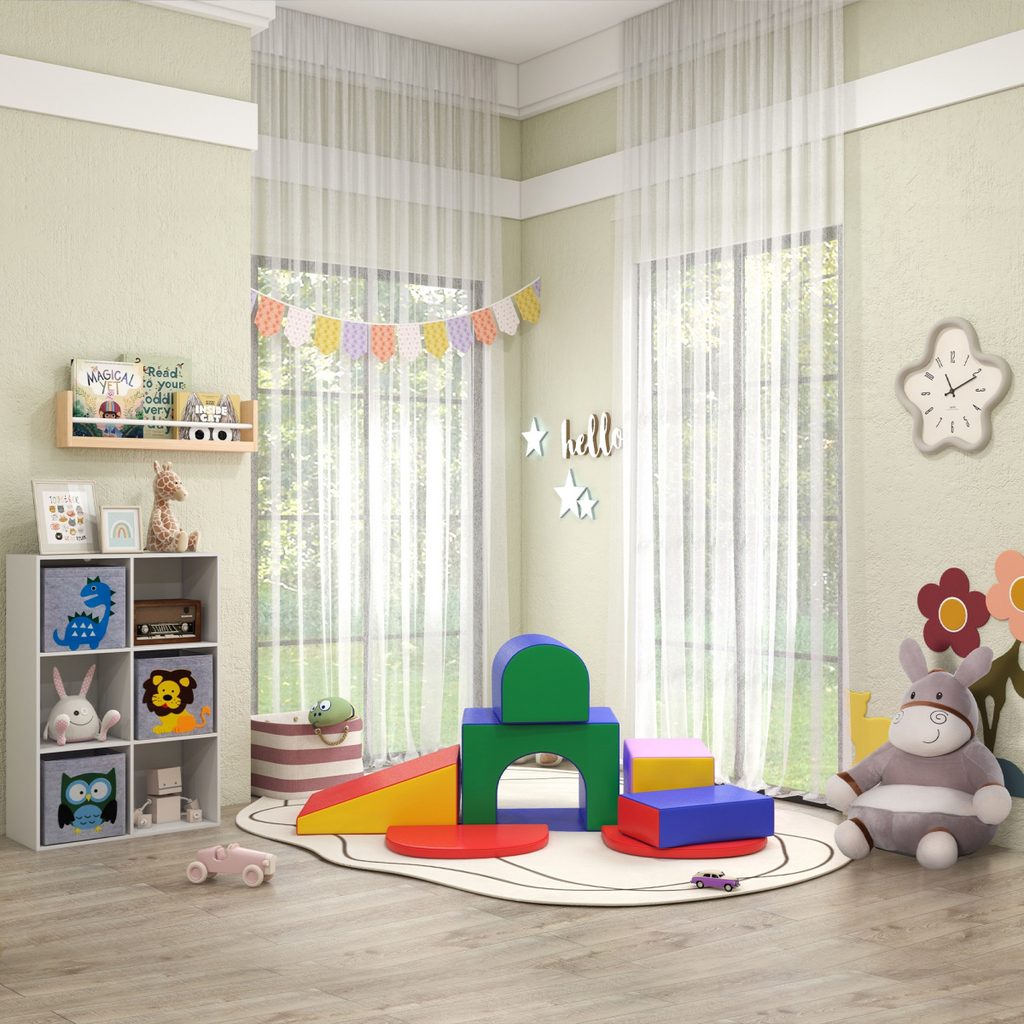 Colorful 7-piece kids foam soft play set with climbers and structures for toddlers aged 12-36 months.