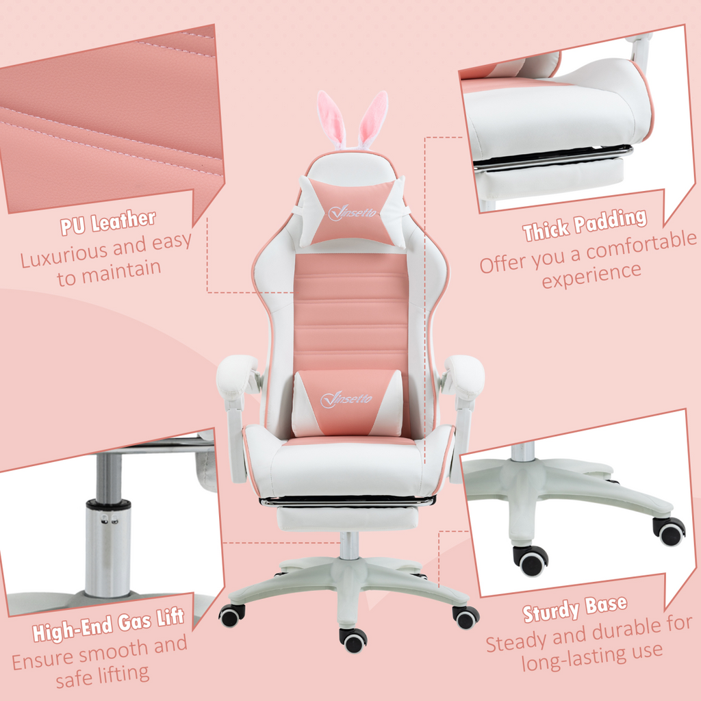 Vinsetto pink racing style gaming chair with footrest and removable rabbit ears, featuring ergonomic design and sleek upholstery.