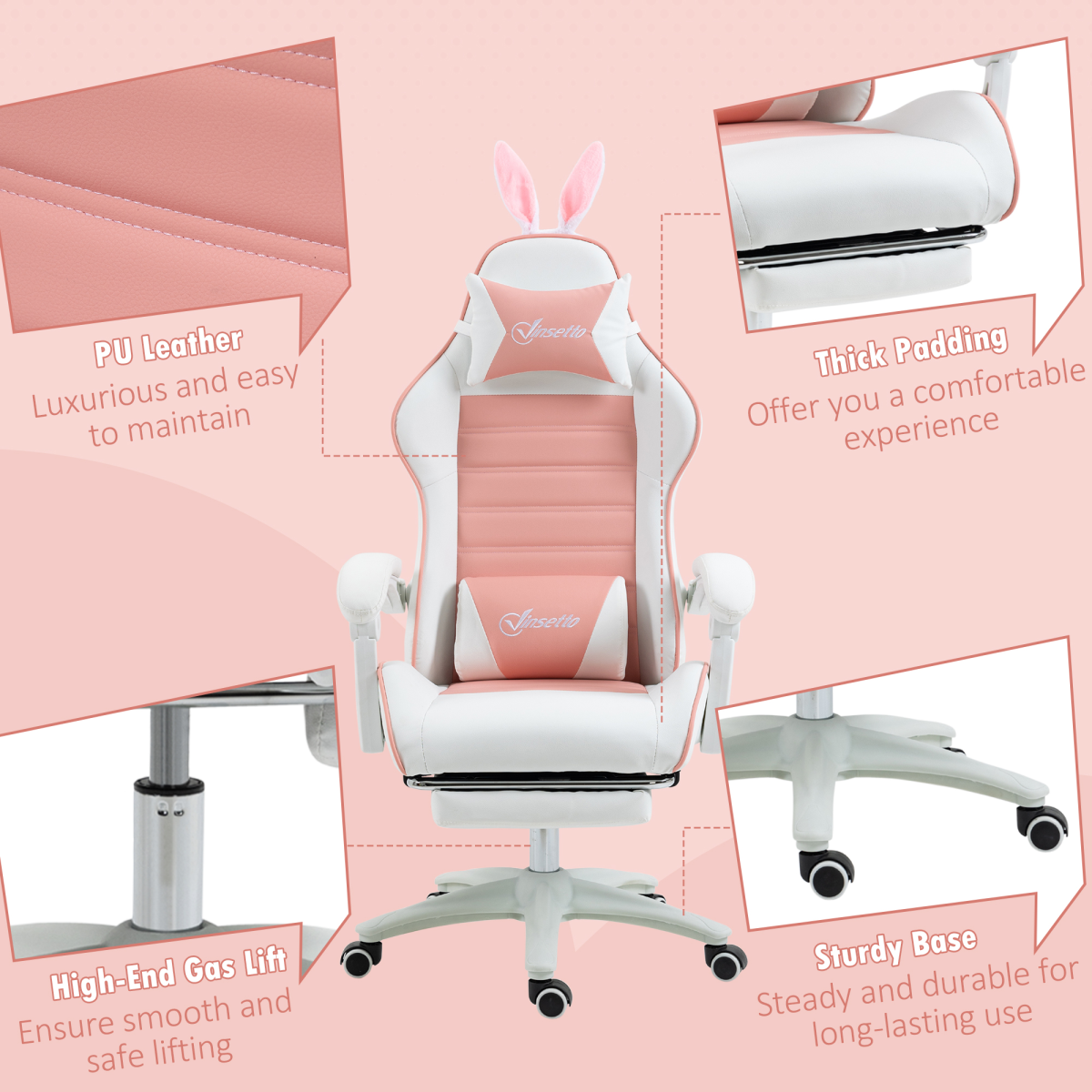 Vinsetto pink racing style gaming chair with footrest and removable rabbit ears, featuring ergonomic design and sleek upholstery.