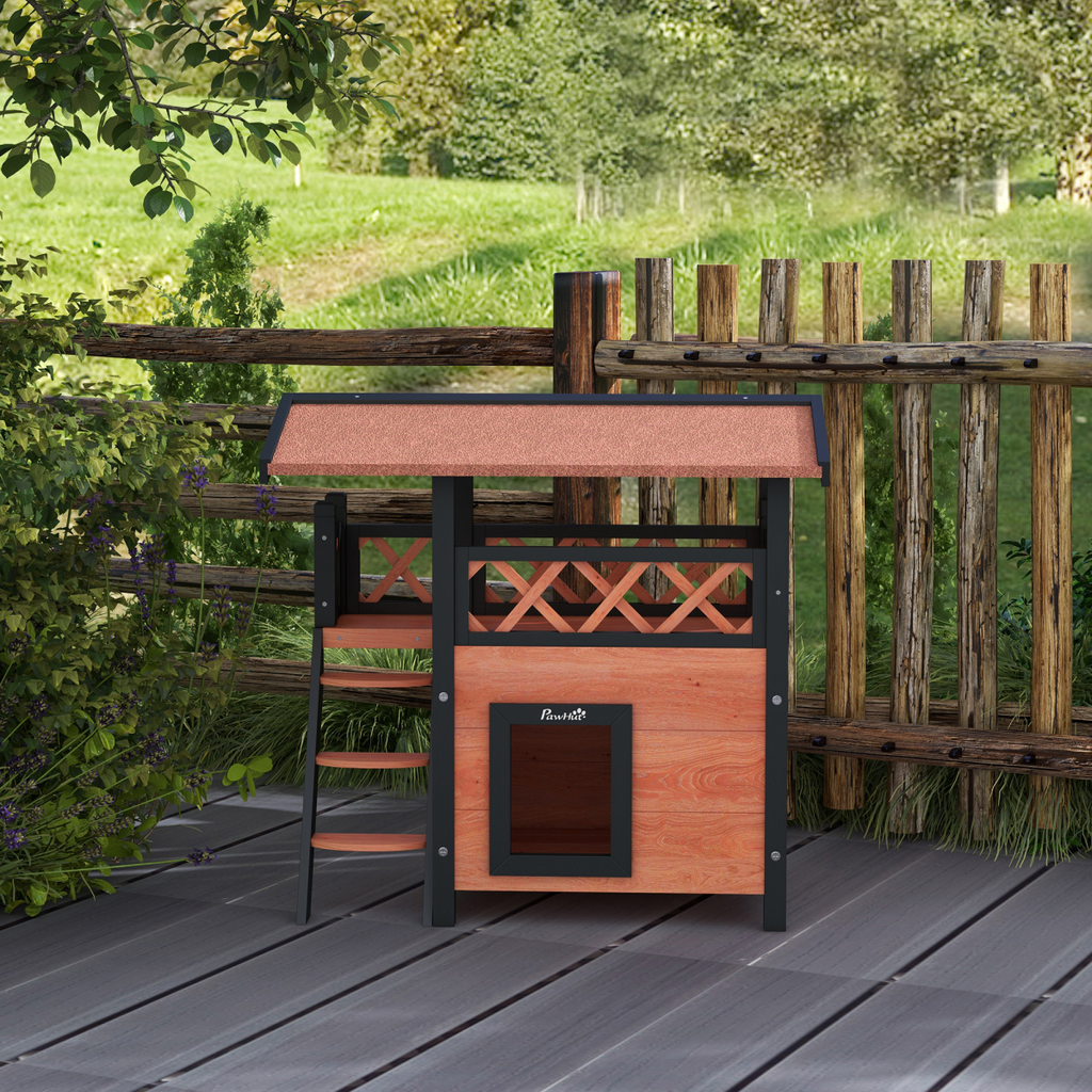Brown PawHut outdoor cat house featuring balcony stairs and a roof, designed for feline comfort and shelter.