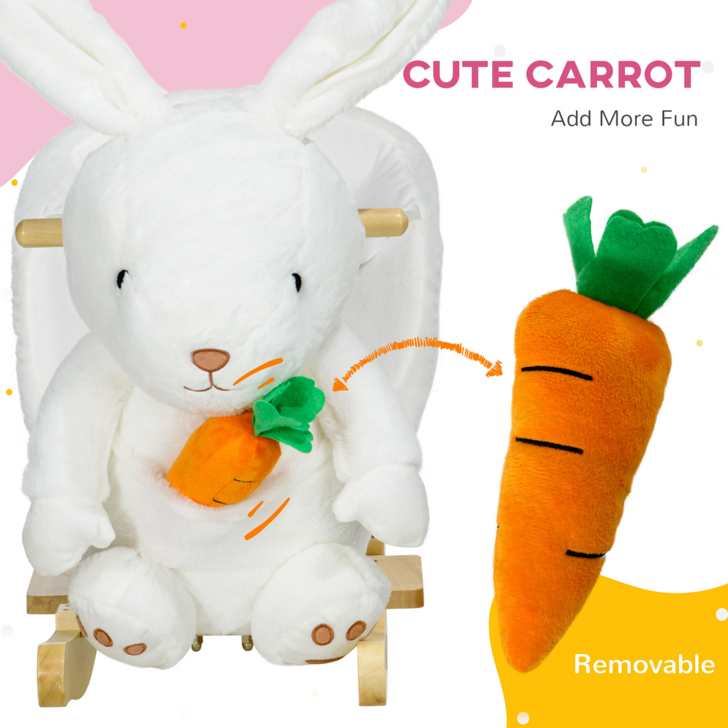HOMCOM white rabbit-shaped rocking horse for kids with safety belt and realistic sounds in a playful setting.