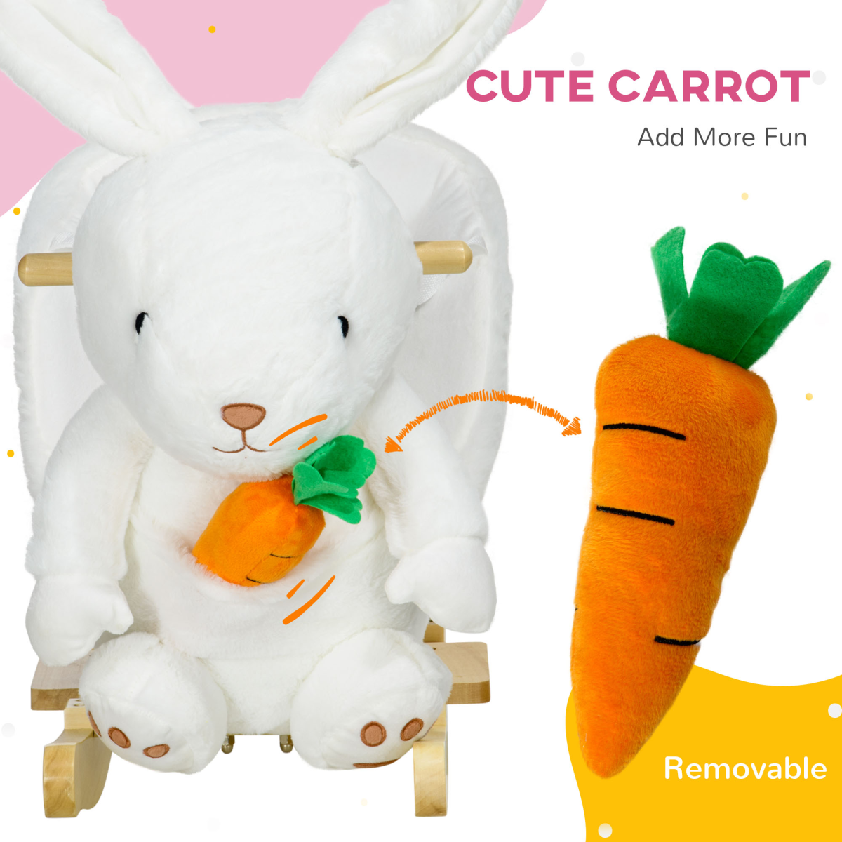 HOMCOM white rabbit-shaped rocking horse for kids with safety belt and realistic sounds in a playful setting.