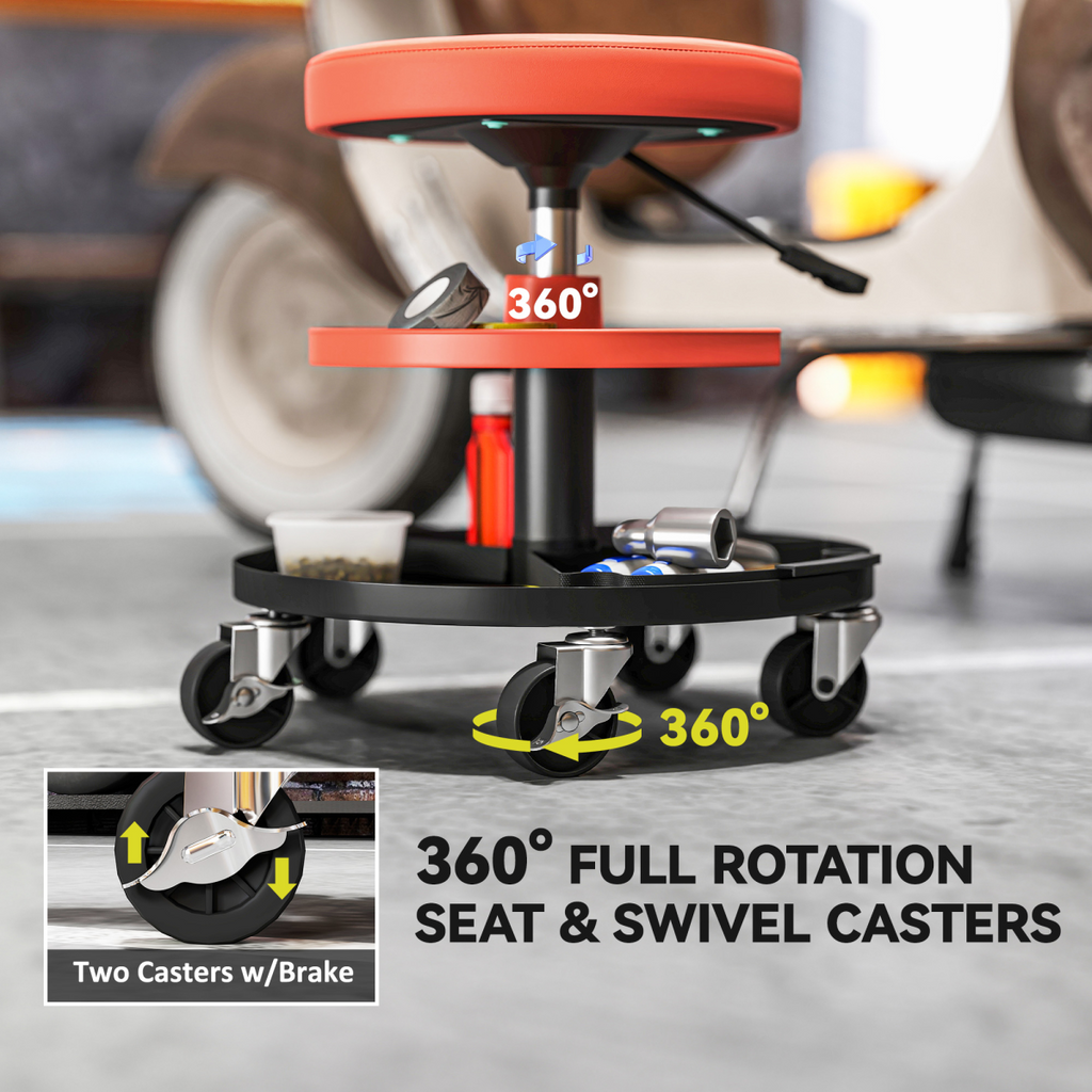 Pneumatic Height-Adjustable Mechanic Stool with Dual-Tier Trays - 135kg - Yellow