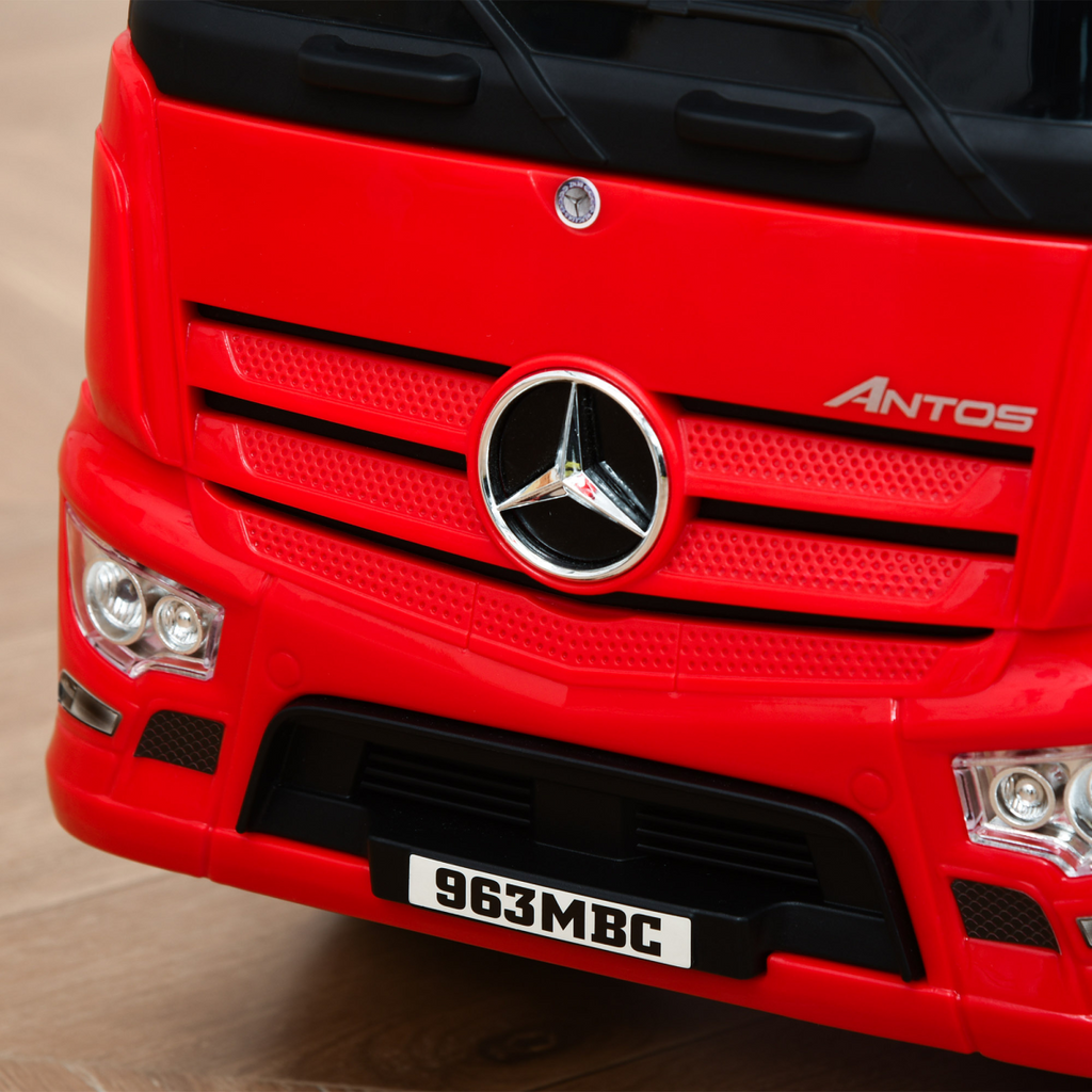 Red HOMCOM 3-in-1 Ride On Car for kids, featuring Mercedes truck design with storage, suitable for ages 12-36 months.