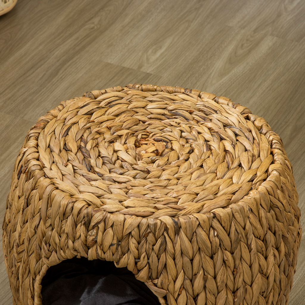 Rattan Cat House Stool, Wicker Kitten Bed for Outdoors and Indoors w/ Cushion